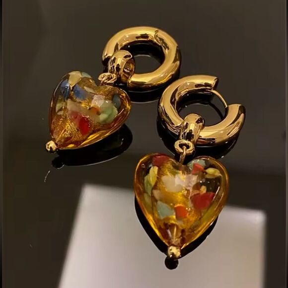 Anthropologie Jewelry - “Sunset Reflection” Glass Heart Hoop Earrings